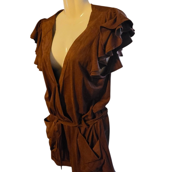 bebe Brown Ruffle Sleeve Skort Romper - Picture 1 of 6